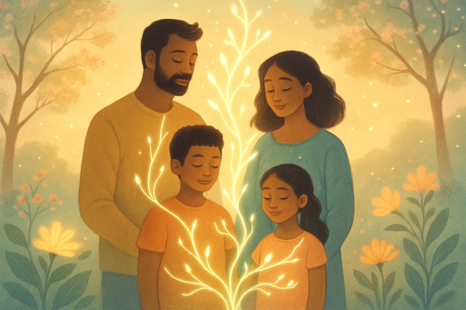 Eine Familie mit zwei Eltern und zwei Kindern steht zusammen in einer natürlichen Umgebung, verbunden durch leuchtende Linien, umgeben von blühenden Bäumen und warmem Licht.