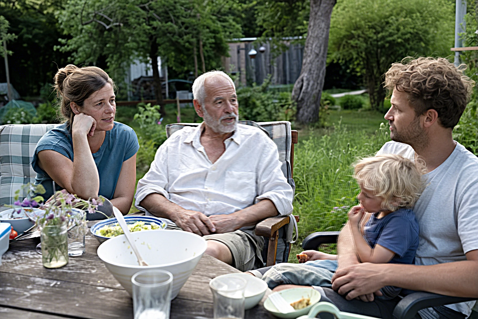 Eine Familie sitzt im Sommer gemeinsam draußen im Garten beim Gespraech, warmes Abendlicht